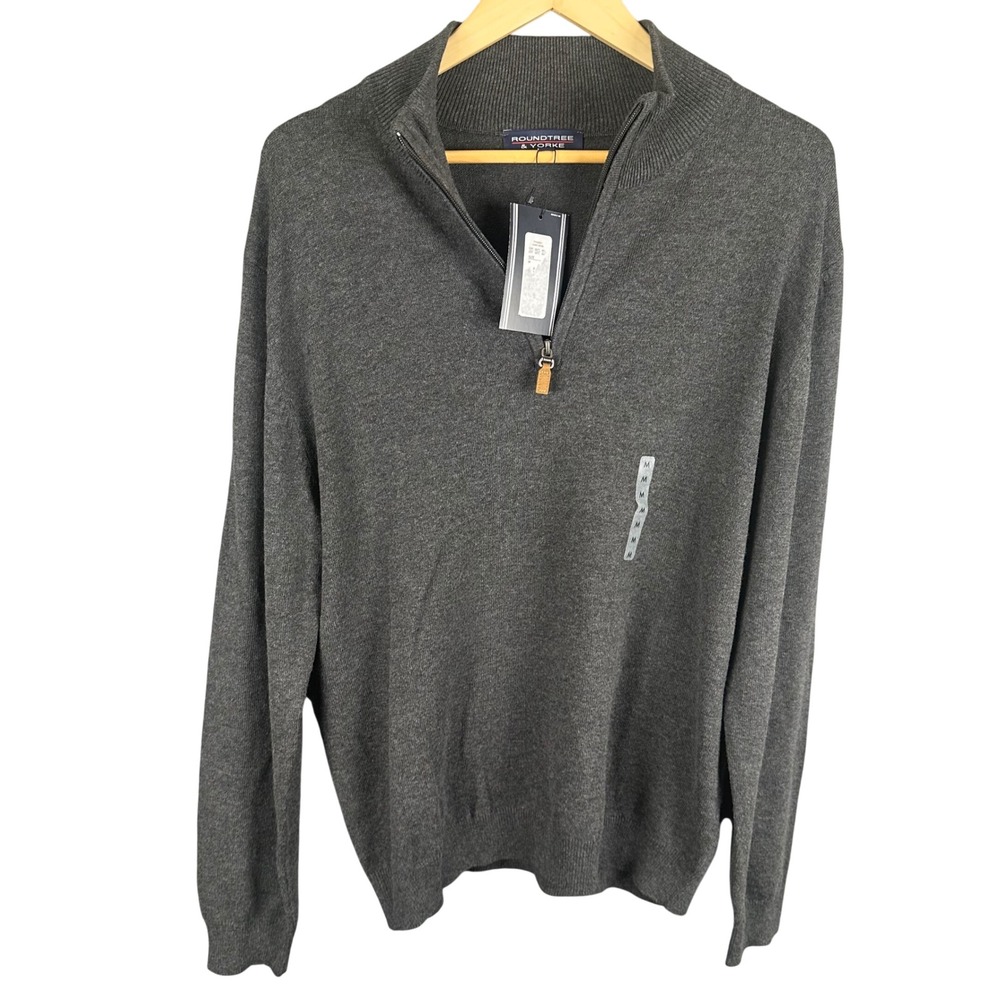 Roundtree & Yorke Mens Quarter Zip Sweater Charcoal Heather Grey Pullover M